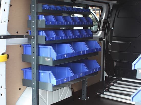 Commercial van fitout with drawers on racking