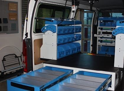 Commercial van fitout with tool boxes and drawers