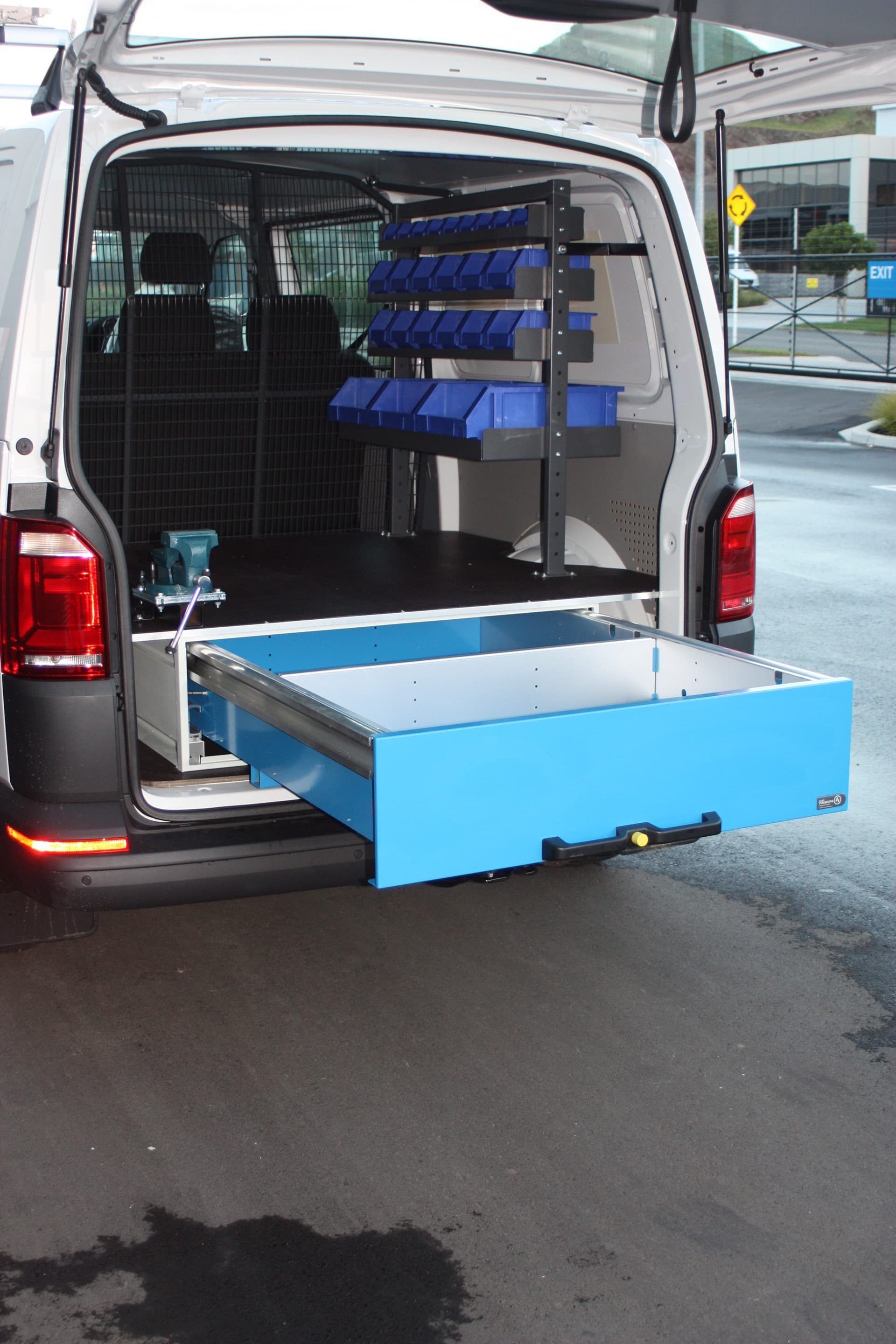 Van with tool drawers and underfloor storage tray