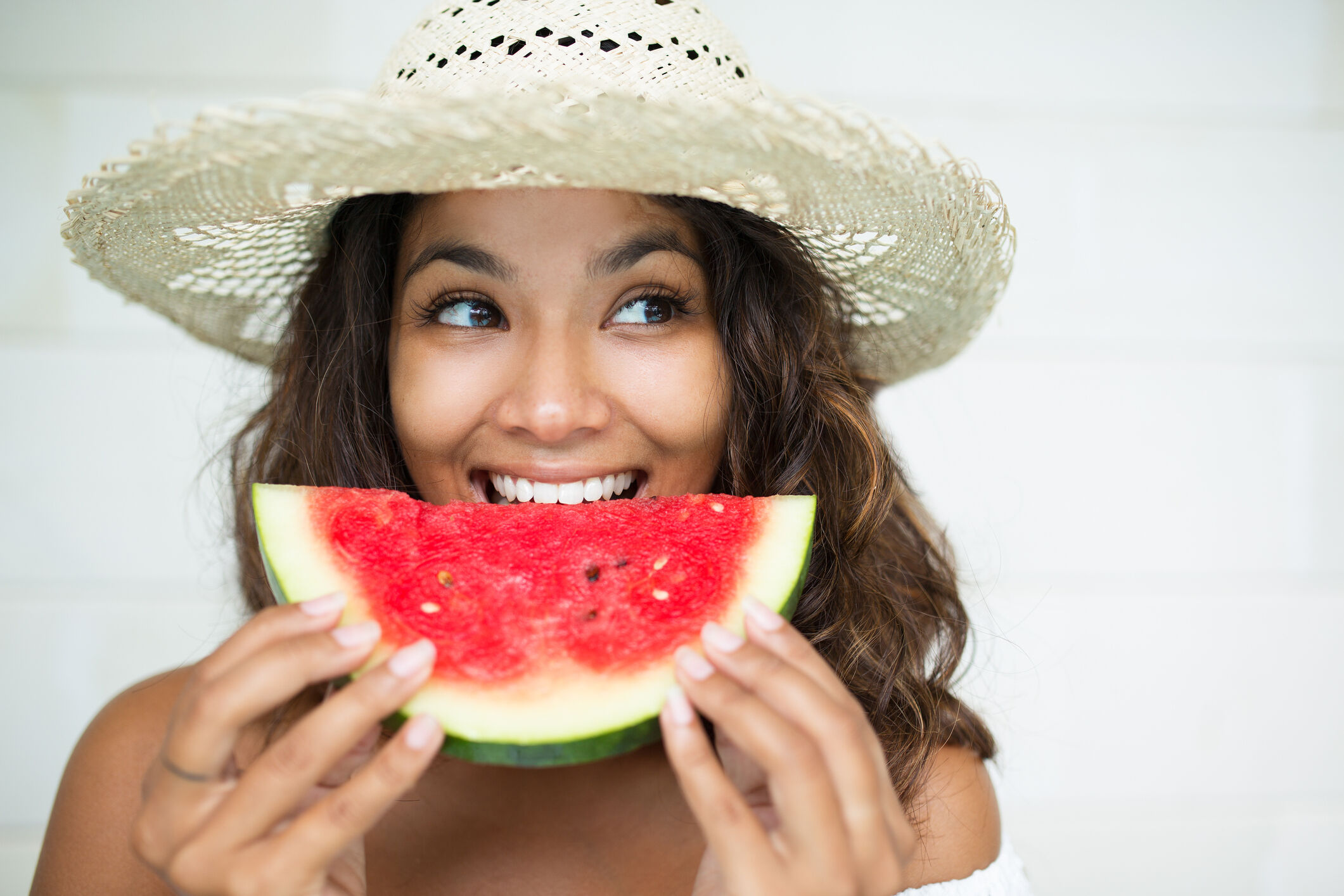 Closeup of Nice Woman Eating Slice of Watermelon  x