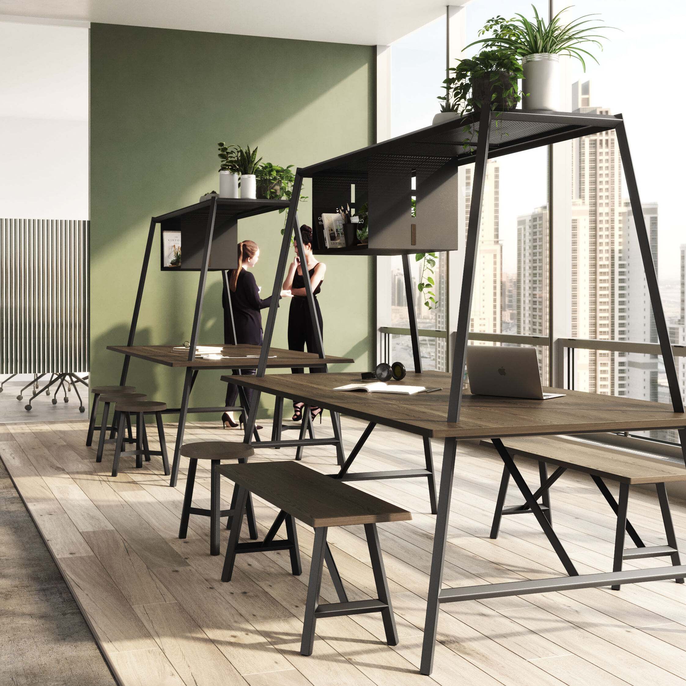 The Diamond Canopy Table and accompanying bench seats are designed with the agile work space in mind